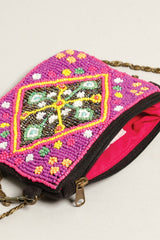 Floral Seed Beaded Coin Pouch with Chain